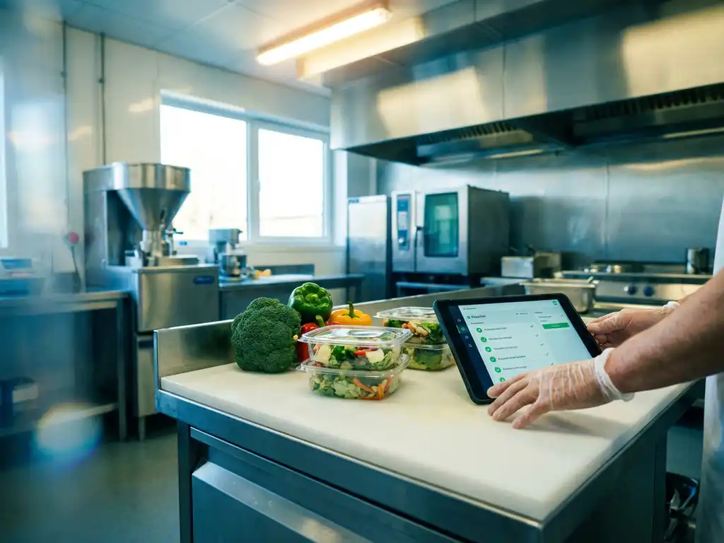 Saubere Lebensmittelproduktionsanlage mit Edelstahloberflächen, digitalem Tablet mit Compliance-Checklisten neben frischem Gemüse und verpackten Waren