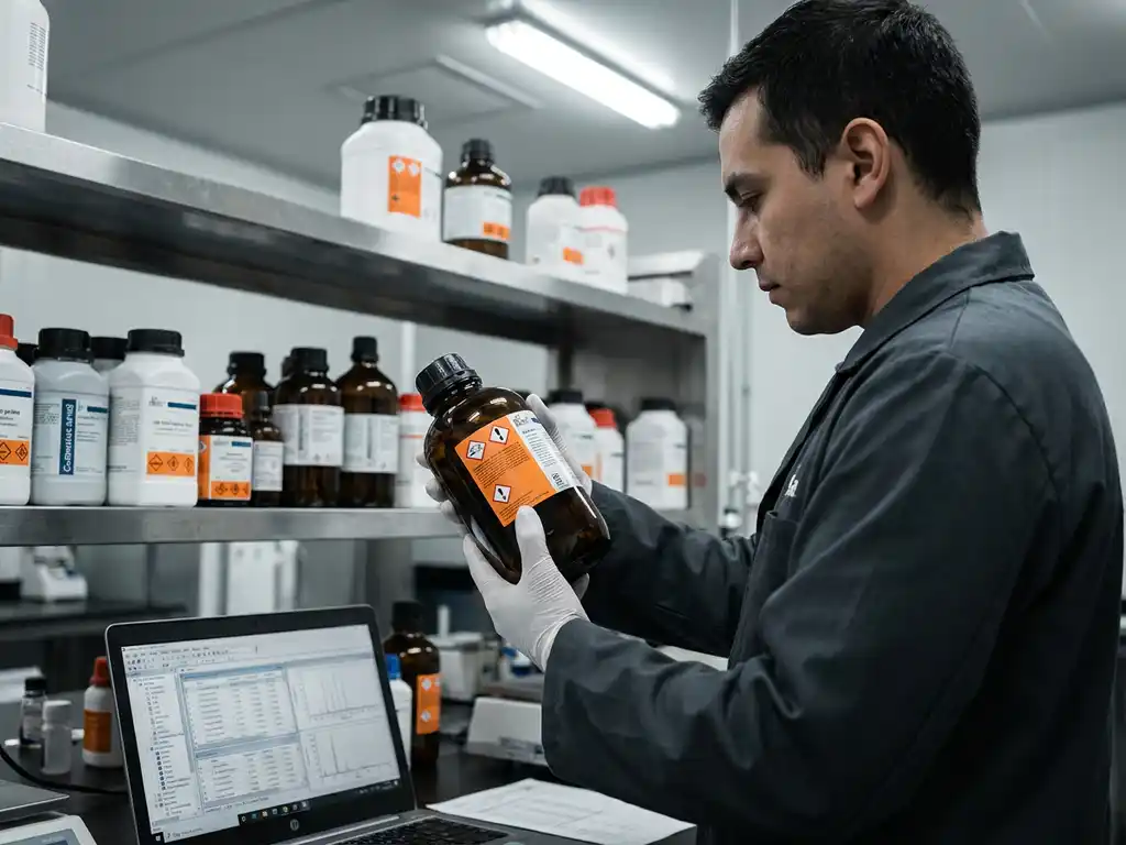 Laborant prüft orangefarbenes GHS-Gefahrenkennzeichen auf dunkler Glasflasche, geordnete Chemikalienbehälter im Hintergrund.