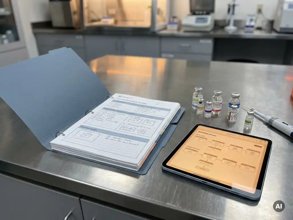 Aufgeschlagener Compliance-Ordner auf Edelstahloberfläche neben Tablet, Pharmafläschchen und Pipette im Laborumfeld.